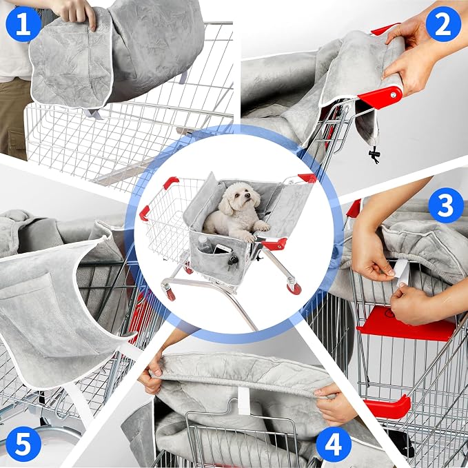 Dog Shopping Cart Cover with 2 Side Pockets, Soft Padded Pet Cart Seat Cover with Sponge Cushion, Foldable Shopping Cart Liner with Carry Bag, Fits Most Shopping Carts