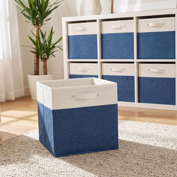 FinishingBo 13 inch Cube Storage Bins with Handles 6 Pack | Foldable Linen Storage Baskets, Closet Organizers, Shelf Baskets, White Blue