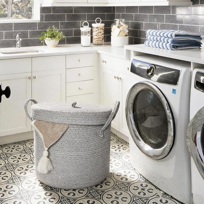 15”x13” Storage Basket with Lid, Blanket Storage for Living Room, Woven Cotton Rope Bin with Cover, Kids Dog Toy Box, Baby Laundry Basket with Lid, Covered Blankets Pillows Holder, Gray