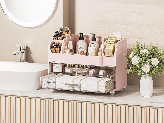 Delamu Large Makeup Organizer Countertop with 6 Brush Holders, Pink