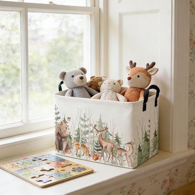 Rectangular Storage Basket,Kids Basket Animal Baskets Cute Storage Bins,Waterproof Collapsible Clothes Kids Storage Basket,Gift Basket,Animals Room Decor(Woodland Animal)
