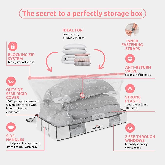 Compactor Under Bed Vacuum Storage Bag with Semi-Rigid Box, Closet Organizer, Vacuum Seal Bags for Clothing and Bedding, Fits All Vacuum and Nozzle Types, 190L, White, XL