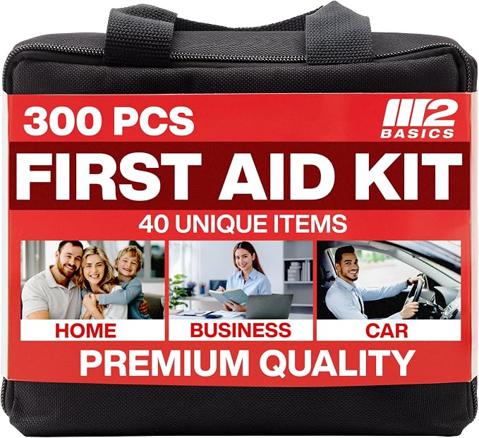 M2 BASICS 300 Piece Premium First Aid Kit w/Durable Bag for Home, Business | Office, Workplace, Car, Garage, Kitchen, Family, Classroom, Jobsite, Warehouse, School, Vehicle And Emergency Preparedness