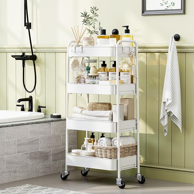 TOOLF 4 Tier Metal Rolling Cart, Utility Storage Cart with Wheels, White | Screwless Assembly, Lockable Metal Wheels, Trolley Organizer for Bathroom, Kitchen, Office, Dorm, Laundry, Craft Room