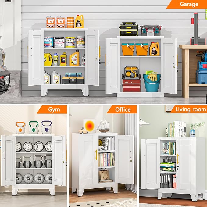 Small Metal Storage Cabinet, Lockable Tool Cabinet with Doors and 2 Shelves | Compact 23.6-Inch Width, 2 Adjustable Shelves, Locking Doors, Magnetic Closure, Adjustable Feet, Cold-Rolled Steel