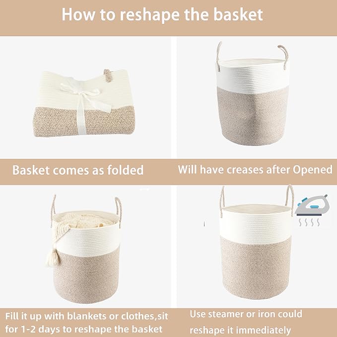 Woven Cotton Rope Laundry Basket, 15x20 Laundry Hamper, White/Brown | Rope storage basket for dirty clothes, toys and blankets. Perfect for bathroom, baby nursery and living room storage.