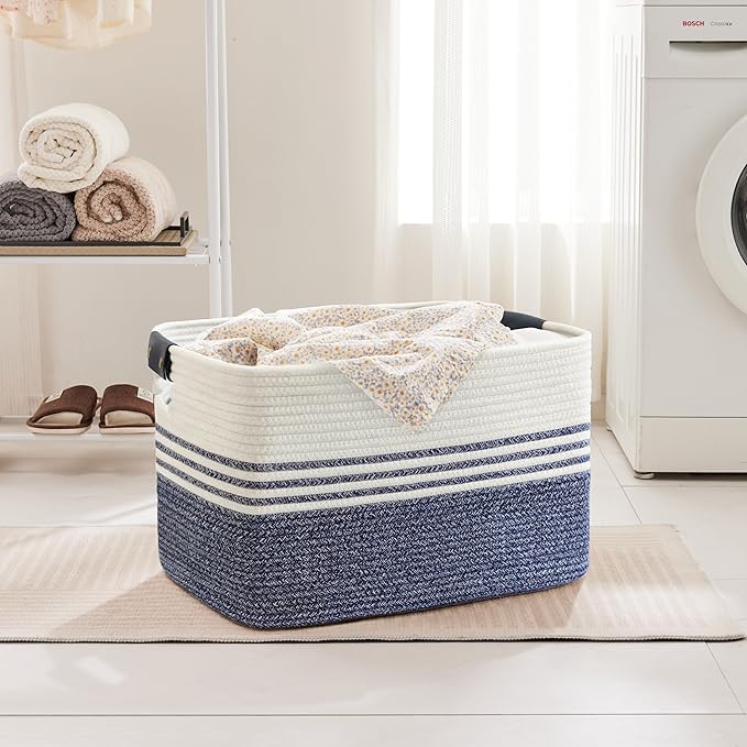 100L Woven Laundry Basket Hamper with Leather Handles,Denim Blue | collapsible wicker hamper, storage for dirty clothes, toys, blankets, gifts, living room, bedroom, bathroom, 24"x16"x16"