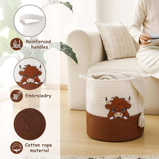 Large Blanket Baskets for Living Room, Highland Cow Storage Baskets for Toys Organizer Woven Cotton Rope Basket for Kids, Clothes Hamper with Embroidery Highland Cow Decor for Nursery Laundry