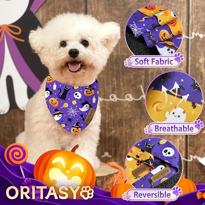 Halloween Dog Bandanas, Purple Ghost 2-Pack Triangle Reversible Pet Scarves, Premium Fabric, Orange Pumpkin Black Cats Bandana for All Boys Girls Dogs (Large, Style 2)