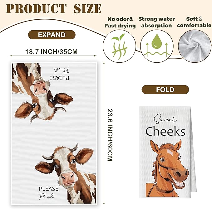 Kitchen Towels Set of 2, Farm Animal Dish Towel for Kitchen, Cow Horse Bathroom Decorative Hand Towels, Fast Drying Tea Towel with Slogans, Housewarming Gifts for Women Mom -B24