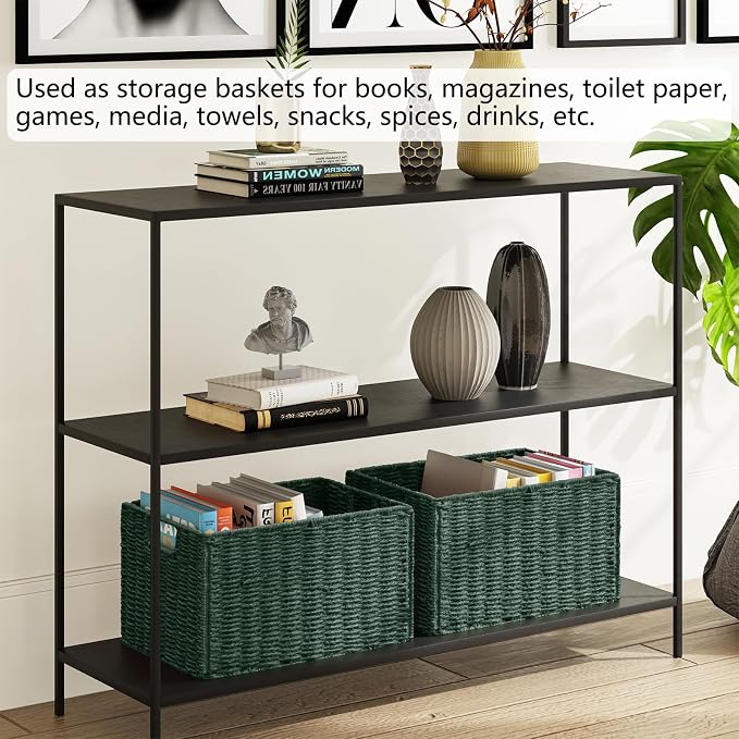 Vagusicc Large Wicker Storage Basket, Collapsible Baskets for Organizing | Set of 2 Hand-Woven Paper Rope Wicker Basket, 17"x 12" Closet Organizers and Storage with Handles Home Organization, Green