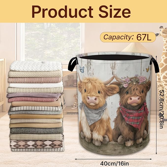 Laundry Hamper Foldable with Handles,Cute Highland Cow Oxford Cloth Laundry Basket,Storage Organizer for Bathroom Bedroom Dorm 16"x20.8"