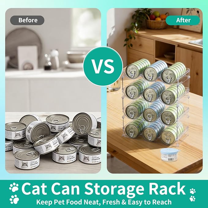Cat Can Storage Organizer for Pantry, High Clear Acrylic Dog Canned Food Storage Rack 2 Tier Stackable Shelf for Pet Cans Dispenser with Can Cover Lid and Spoon (4 Tier Stackable Pet Can Organizer)