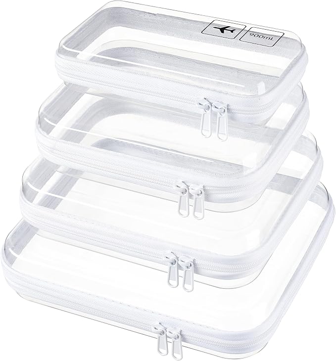 4 Sizes Clear Hard Shell Zipper Case, TSA Accepted Travel Bags | Clear Organizer Bags for Toiletries, Splash-proof Toiletry Containers, Clear Zipper Pouches, Organizer Bags for Toiletries