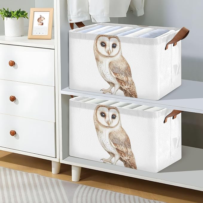 Watercolor Cute Tawny Owl Wild Animal Baby Storage Basket with Labels&Handles Rectangular Waterproof Nursery Storage Bins Collapsible Shelf Organizer Baskets for Kids Books Cloth Gift Basket Toys,2 PC