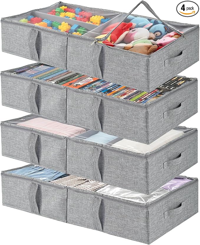 4-Pack Underbed Storage Containers with Clear PVC Lid(31.8×16×5.9in) | Foldable Under Couch Storage Bins, Closet Organizers Bags for Toy, Stuffed Animals, Dolls, Books, Clothes, Shoes & Blankets