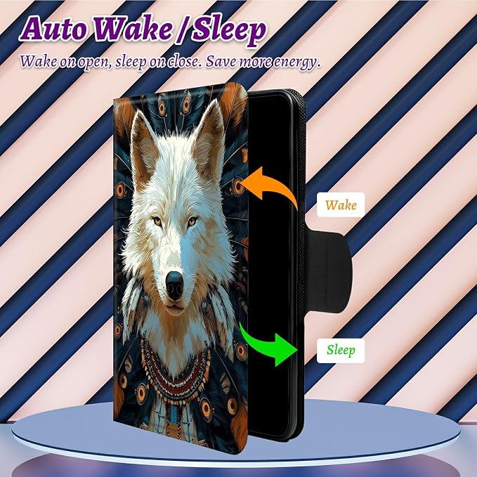 Rotating Handle Case for Samsung Galaxy Tab A8 10.5" 2022 (SM-X200/X205/X207), 360 Degree Swivel Kickstand with Magnetic Closure Shockproof Leather Cover for Women Men, Feathers White Wolf