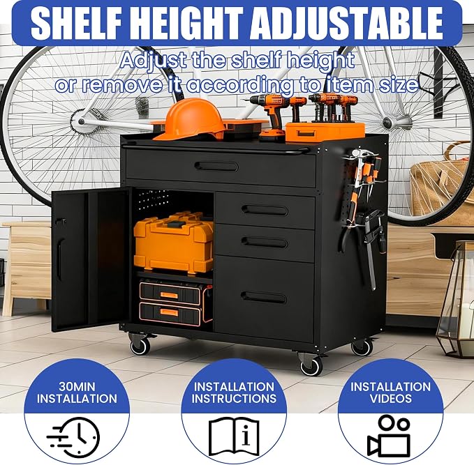 Metal Mobile Tool Storage Cabinet with 4 Drawer and 1 Locking Door | Black Heavy Duty Rolling Tool Cabinets for Garage,Metal Storage Cabinets with Wheels and Pegboard,Assembly Required