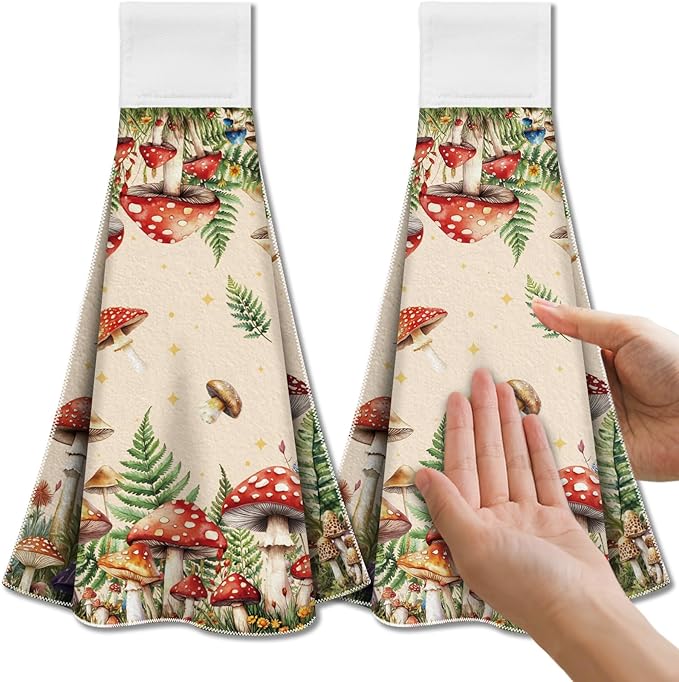 CUTHOLLOW Mushroom and Butterfly with Fern Hanging Kitchen Towels with Loop, Set of 2-Soft & Super Absorbent Microfiber Decorative Hanging Hand Towel, Tea Coffee Towel for Kitchen Bathroom Oven Handle