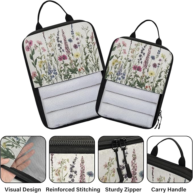 Herbs And Wild Flowers 6 Set Compression Packing Cubes Floral Expandable Packing Organizer for Travel Accessories Luggage Suitcase Bag