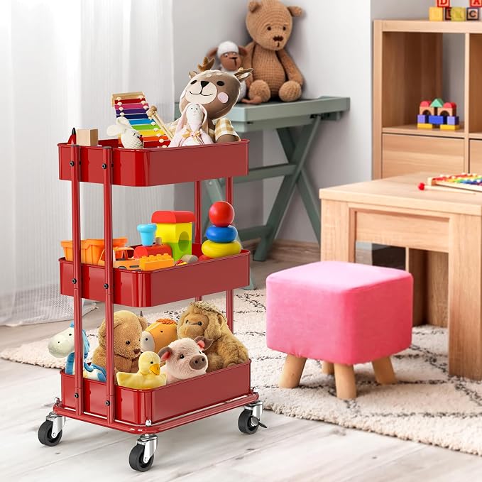 Simple Houseware 3-Tier Utility Cart, Low 24" Height Fits Under Desk, Red | Compact & Lower Height Great for Under-Desk Space-Saving Storage for Home Office, Dining Room, or Kitchen