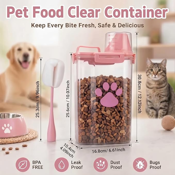 Dog Storage Container with Cleaning Brush and Measuring Cup | Airtight Portable Pet Food Containers with Upgraded Large Spout and Cup for Dogs,Cats,Birds,Small Animals(Pink)