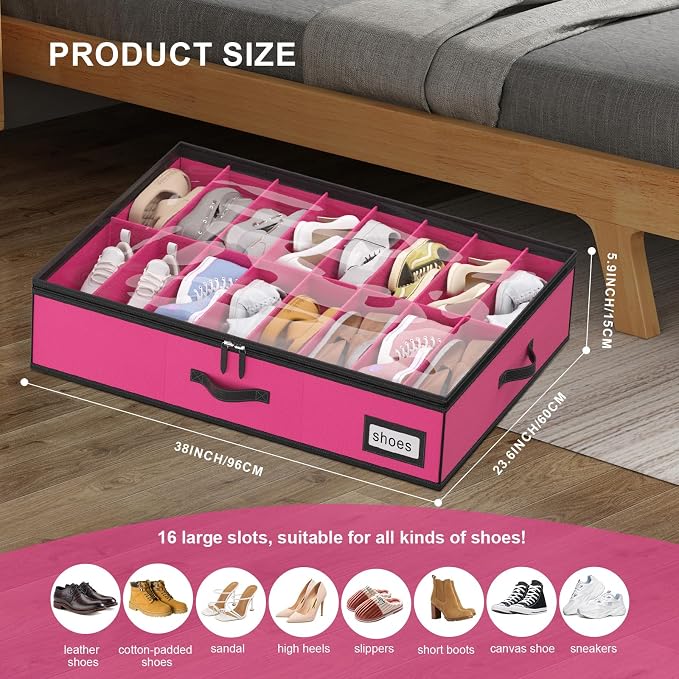 Shoe Organizer Under Bed, Fits 32 Pairs, Under bed Shoe Storage Boxes with Study Handles and Clear Cover, zapateras organizer for shoes, set of 2