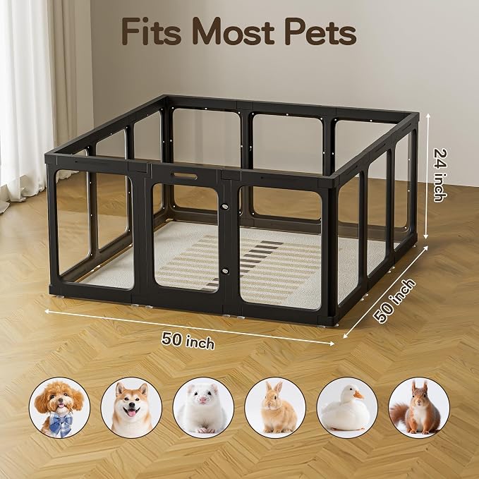 Jalove 24" Clear Acrylic Dog Playpen Indoor, 12 PCS Relieves Pet Anxiety | Ideal for Small Dogs,Puppy Playpen with Door, Rabbit Pet Play Pen,Easy Assemble Dog Crate Whelping Cage Enclosure, Black