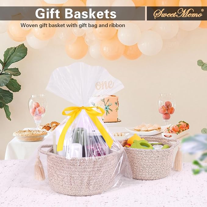 Small Gift Basket Empty to Fill, 2 Pack, Mini Woven Basket, Natural Beige | Cute Decorative Mini Rope Storage Baskets with Cellophane Bags & Ribbons; Two Sizes for Gifting, Bathroom Counter or Desk