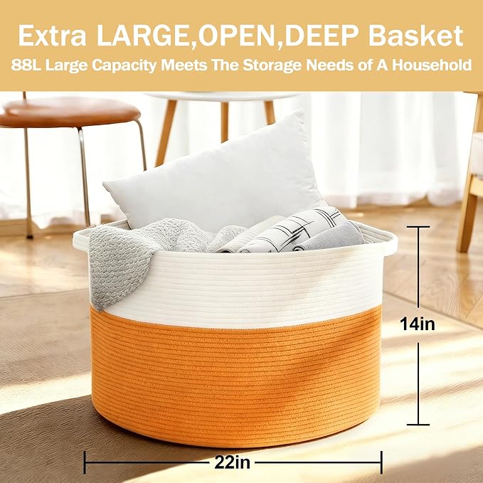 MEGASKET Large Orange Storage Basket, 22"x14" Soft Woven Cotton Rope Storage Bin, Decorative Dog Kid Toy Box, Big Blanket Basket for Living Room Bedroom, Round Basket for Shoes, Towels, and Decoration