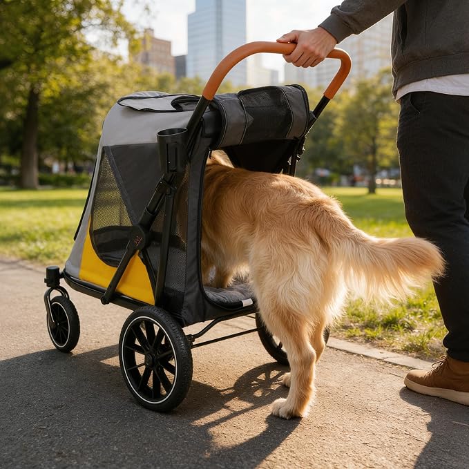 Dog Stroller for Large-Dogs: Easy Fold Dual Entry Onefoot Brake | All Terrain Dog Wagon Cart with Air Mesh, Ideal for Breeds up to 92 lbs