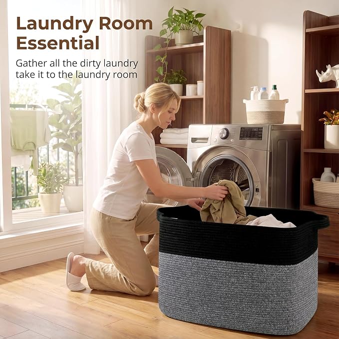 OIASKET 108L Cotton Rope Storage Basket for Living Room and Bedroom 25"x16"x16" Woven Laundry Basket, Heavy Duty Bin for Blankets, Pillows & Toys, Pet-Safe & Scratch-Free, Black