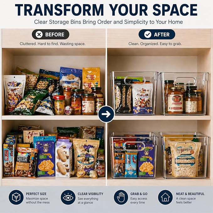 MOONEDGE 6 Pack Clear Organizer Bins 11x8x6in Pantry Organizers and Storage | Clear Containers for Organizing, Plastic Storage Bins with Handles for Drawer, Craft, Fridge, Kitchen Cabinet Shelf