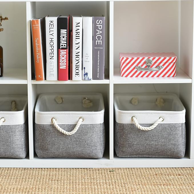 Organization and Storage Basket for Organizing- 16x12x8 inch 1 Pack Fabric Storage Cubes, Collapsible Storage Bins for Shelves Organizer Gift Closet Cloth Toy (White & Grey)