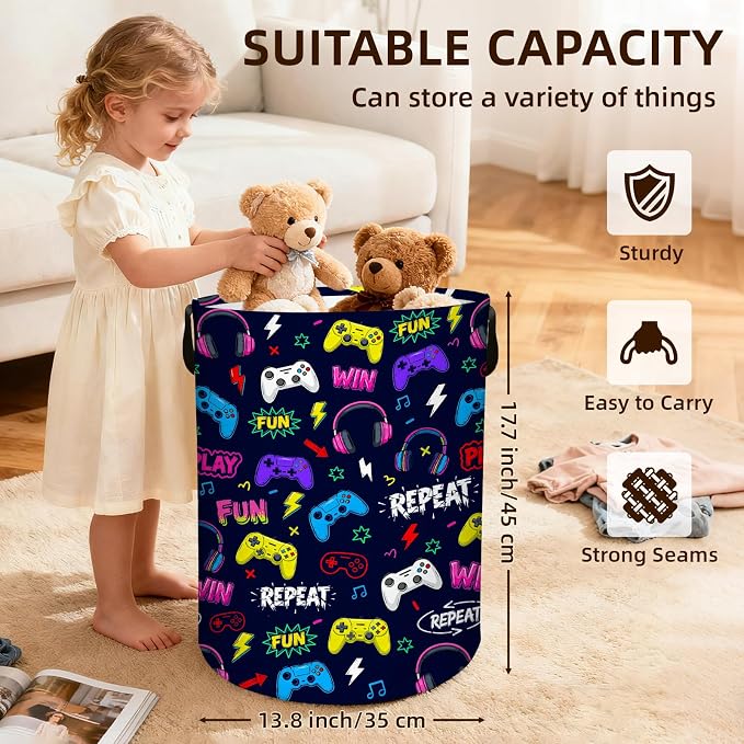 Game Laundry Hamper Boy Baby, Waterproof Laundry Basket for Bedroom, Round Collapsible Storage Bin with Handles for Toys, Nursery Hamper Storage Basket for Bathroom, Game Room Decor, 13.8x17.7in