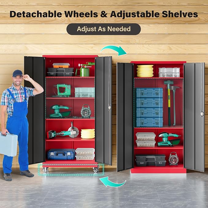 75" Tall Metal Storage Cabinet with Wheels,Rolling Garage Storage Cabinet with Lock,Red Metal Cabinets on Wheels,Locking Tool Cabinets on Wheel for Garage,Home,Office,Shop