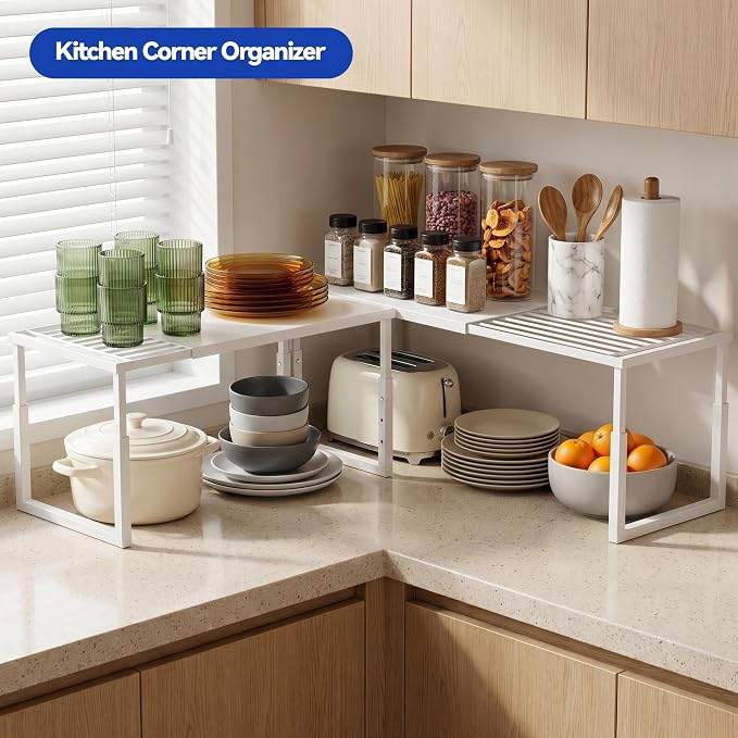 Expandable Cabinet Shelf Organizer, Stackable Countertop Shelves, White | 15.8''- 25.5'' In Cabinet Shelf, Adjustable Kitchen Cabinet Organizer for Pantry Organizer, CupBoard Organizers and Storage