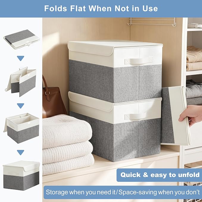 Large 22 Quart Linen Fabric Foldable Storage Bin Cube Organizer Basket with Flip-Top Lid & Handles, Clothes Blanket Box for Home, Office, Closet, Gray & White, 4 Pack 14.6 x 9.5 x 9.5”