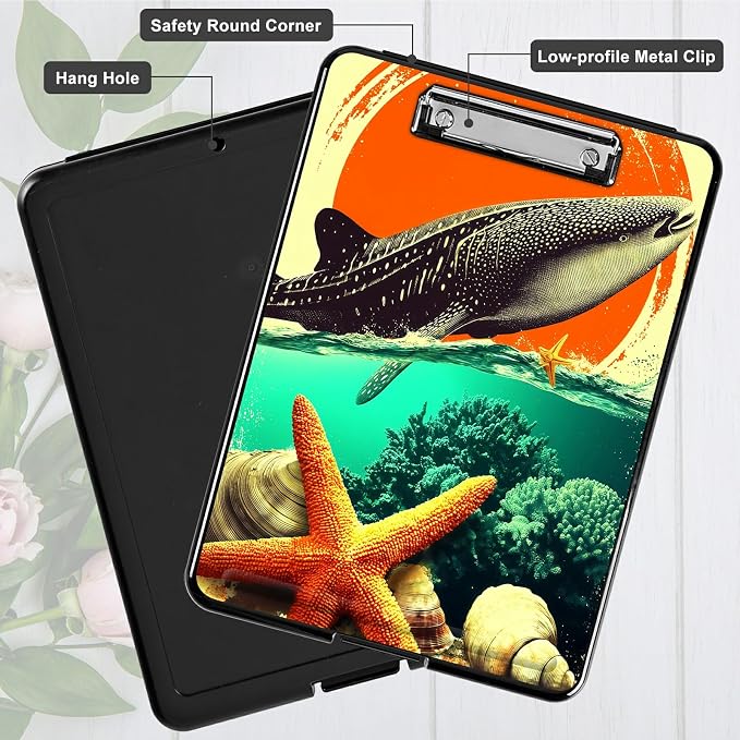 Heavy Duty Storage Clipboard, Slim Nursing Clipboard with Internal Pen Case, Portable File Organizer Case for A4 Letter Size Paper Office Medical Professionals, Whale Sunset Starfish