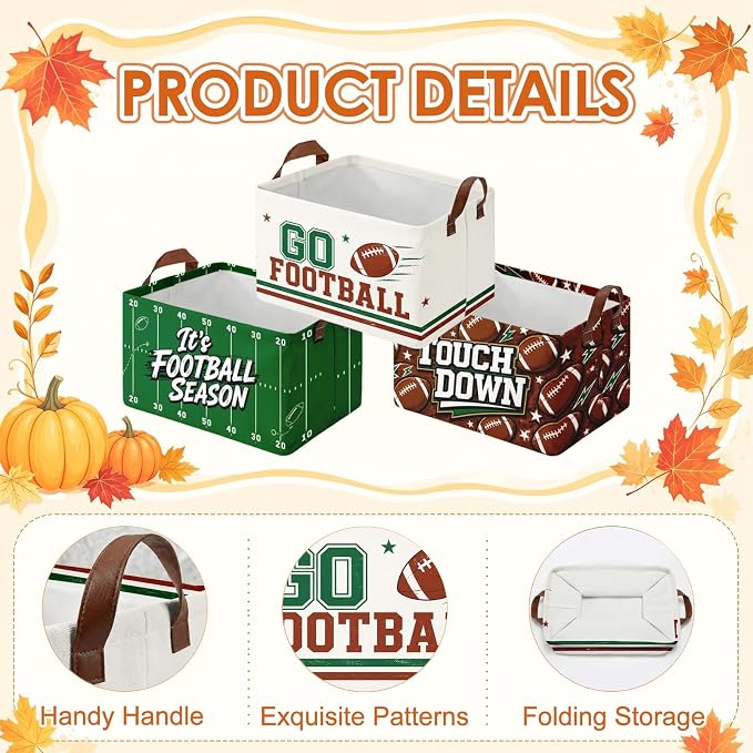 Britimes Football Storage Baskets for Gift, Toy Storage Bins Box,3Pcs Fall | Game Day Canvas Collapsible Baskets Organizer with Handles Football Nursery Decor Laundry Basket for Shelves Closet