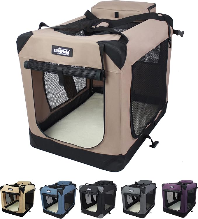 EliteField 3-Door Soft Dog Crate with Bed & Carrying Bag (2-Year Warranty) | 3 Mesh Doors, Steel Frame, Removable & Washable Crate Cover and Bed Cover, Storage Pockets, Indoor/Outdoor, Foldable