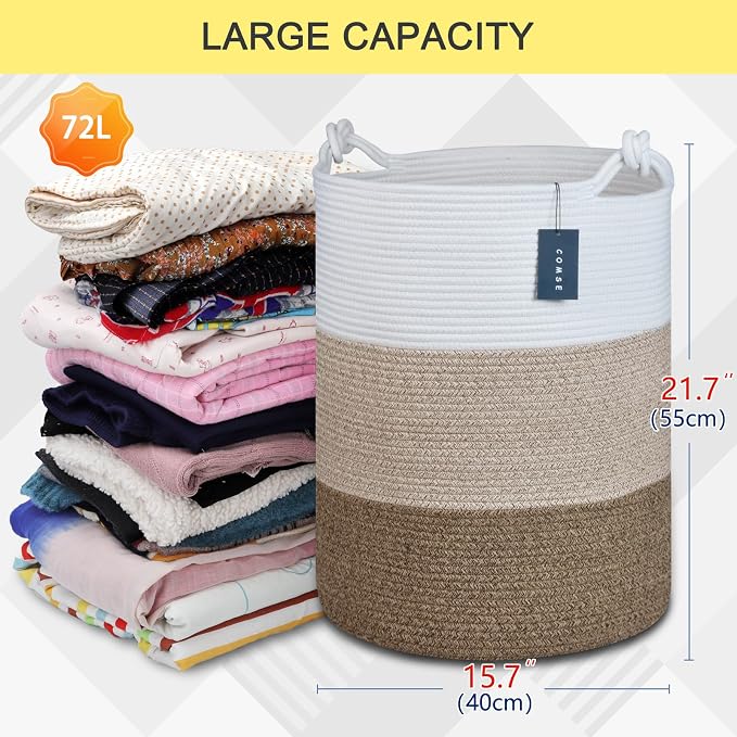 COMSE Tall Woven Blanket & Laundry Basket, 72L, White & Gradient Brown | 15.7”x 21.7”, Cotton Rope, Large Nursery Hamper for Storage of Toys Clothes Towels, Great for Living Rooms Bedrooms Bathrooms