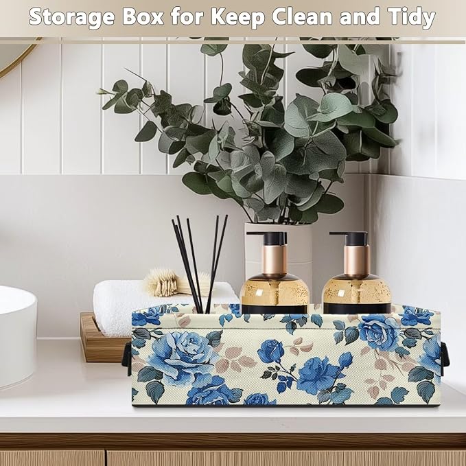 Rose Floral Bathroom Basket with Handle, Back of Toilet Paper Basket Decorative Shelf Bins for Toilet Tank Top Countertop, Bathroom Storage Basket Bathroom Accessories