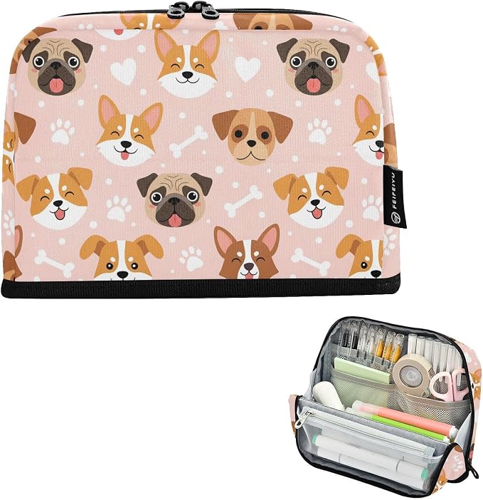 Aslsiy Large Capacity Pencil Case Cute Pets Pug Dogs Pencil Pouch for Boys Girls Portable Pen Bag Organizer Standing Makeup Bag for School Office Supplies