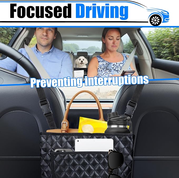 BFXM Car Purse Holder Between Seats, Leather Front Seat Car Organizer | Large Capacity Car Net Pocket Handbag Holder, Backseat Barrier Storage Bag Fits for Car, Truck, SUV, Purse Holder for Car
