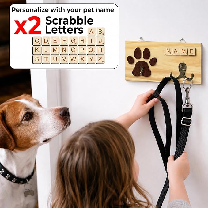 Dog Leash Holder Wall Mount, Pet Harness Hanger with Scrabble Letters, Dog Collar Organizer for Entryway, Cat Leash Key Holder for Wall, Pet Memorial Loss Gifts, Home Decor PF218-N