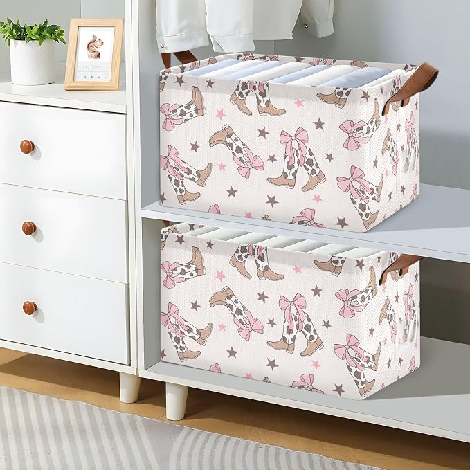 Western Cowgirl Boot with Coquette Bow Storage Basket Foldable Cube Storage Bins with Handles&Label Collapsible Organizer Box Bin Rectangle Decorative Baskets for Shelves Home Living Room Closet, 2 PC