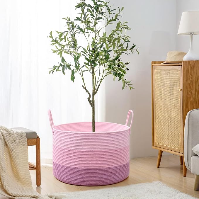 67L Large Woven Blanket Basket, Cotton Rope Baby Laundry Hamper with Handles, Kids Toy Basket for Classroom & Nursery, Soft Round Stuffed Animal Storage, Dog Toy Bin - 20"x13", Pink