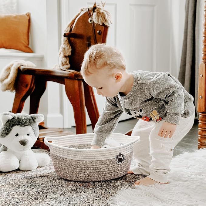 Dog Toy Basket Small Gift Basket for Baby, 12"x 8" x 5" inches Woven Storage Baskets for Dog Cat, Nursery Storage Baskets for Diapers, Towels, Mixed-Brown (Pack of 2)