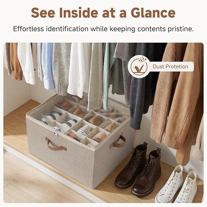 StorageWorks 16-Pair Closet Shoe Organizer with Adjustable Dividers, Taupe | Holds up to 16 Pairs, Foldable, Clear Lid, Reinforced Handles, Fits Sneakers, Boots & Heels, For Closet, Entryway & Bedroom